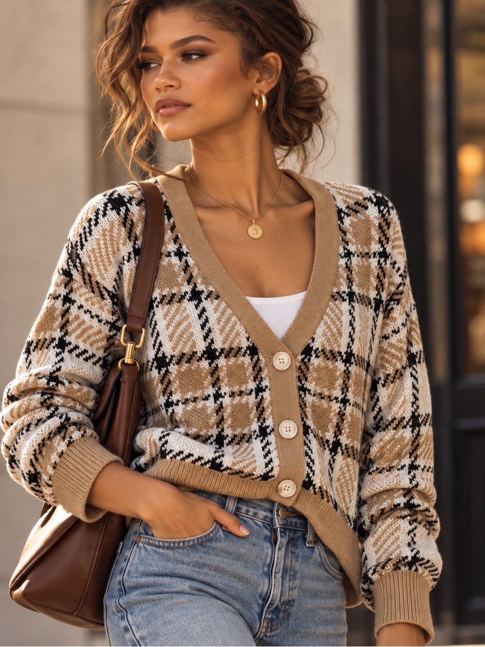 Plaid Cardigan Sweater XXL Tan Cream Black Preppy Fall Cropped Button Front NEW